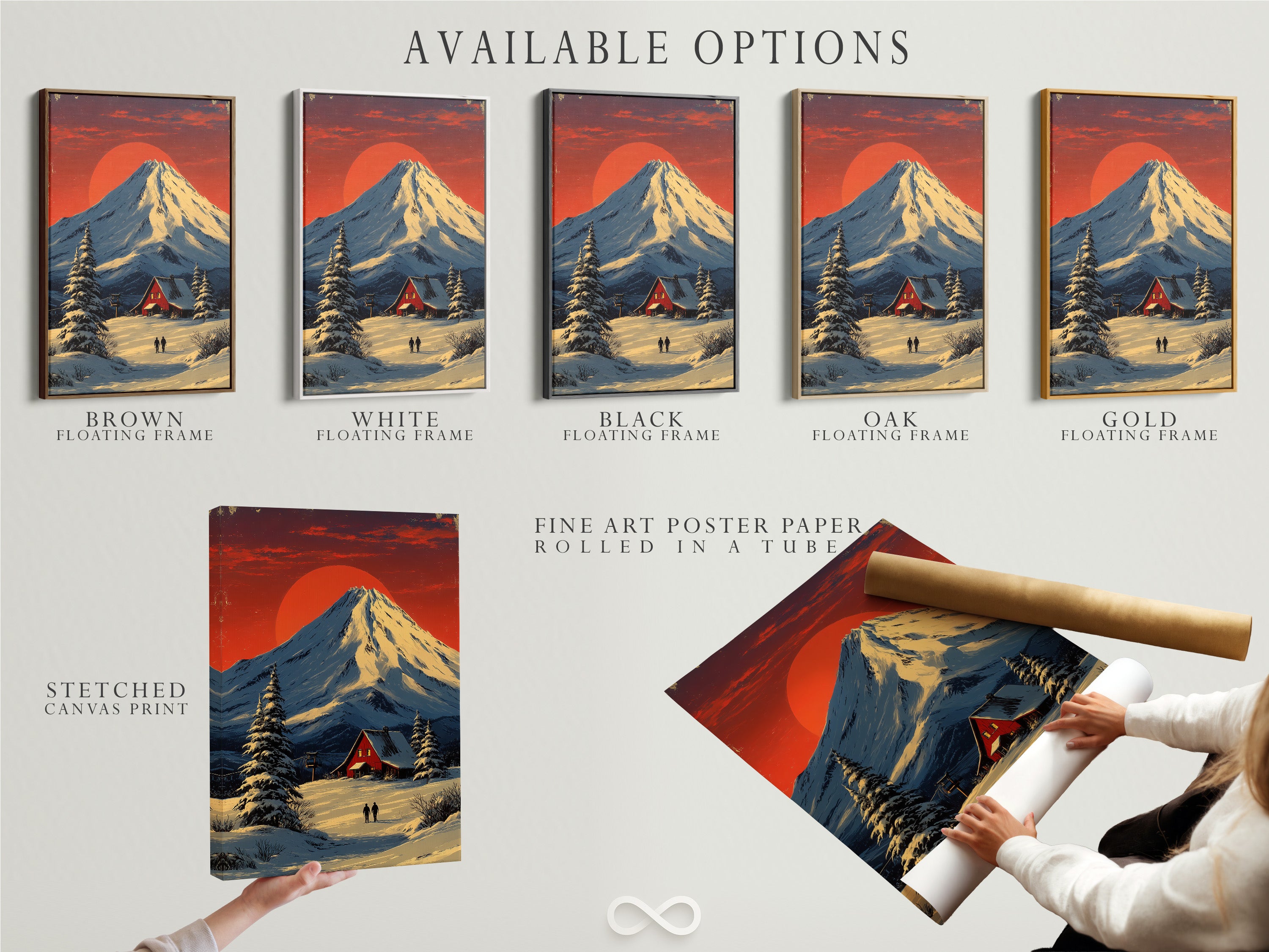 Available options include a stretched canvas print a fine art poster paper and a floating frame. The artwork is a winter mountain landscape with a snowy cabin. Perfect rustic home decor.