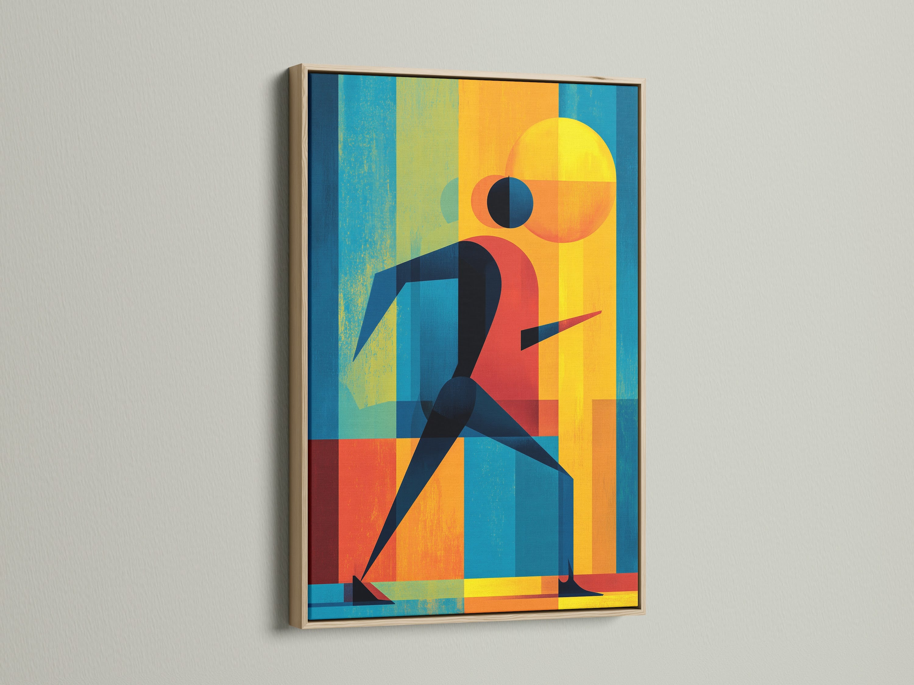 The Olympic Runner artwork is showcased in an oak frame. This frame enhances the retro sports art style. The runner canvas adds vintage athletic charm to any space. A great piece of track field art.