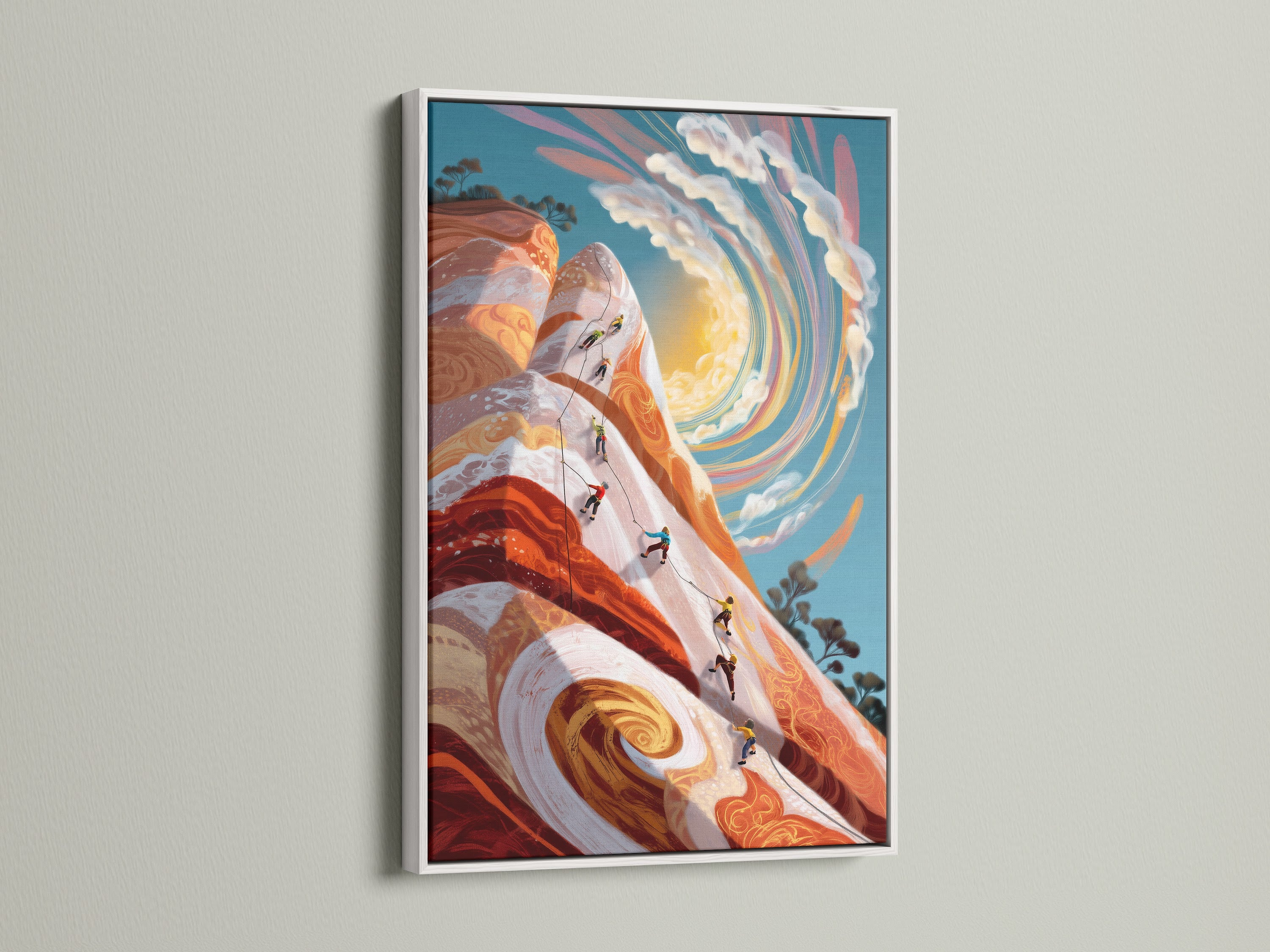 This mountain climbing artwork is in a white frame. The adventure wall art is an inspiring piece for fitness enthusiasts. It would look great in a home gym. The sporty wall decor shows climbers on a colorful mountain. It is a perfect climber gift.