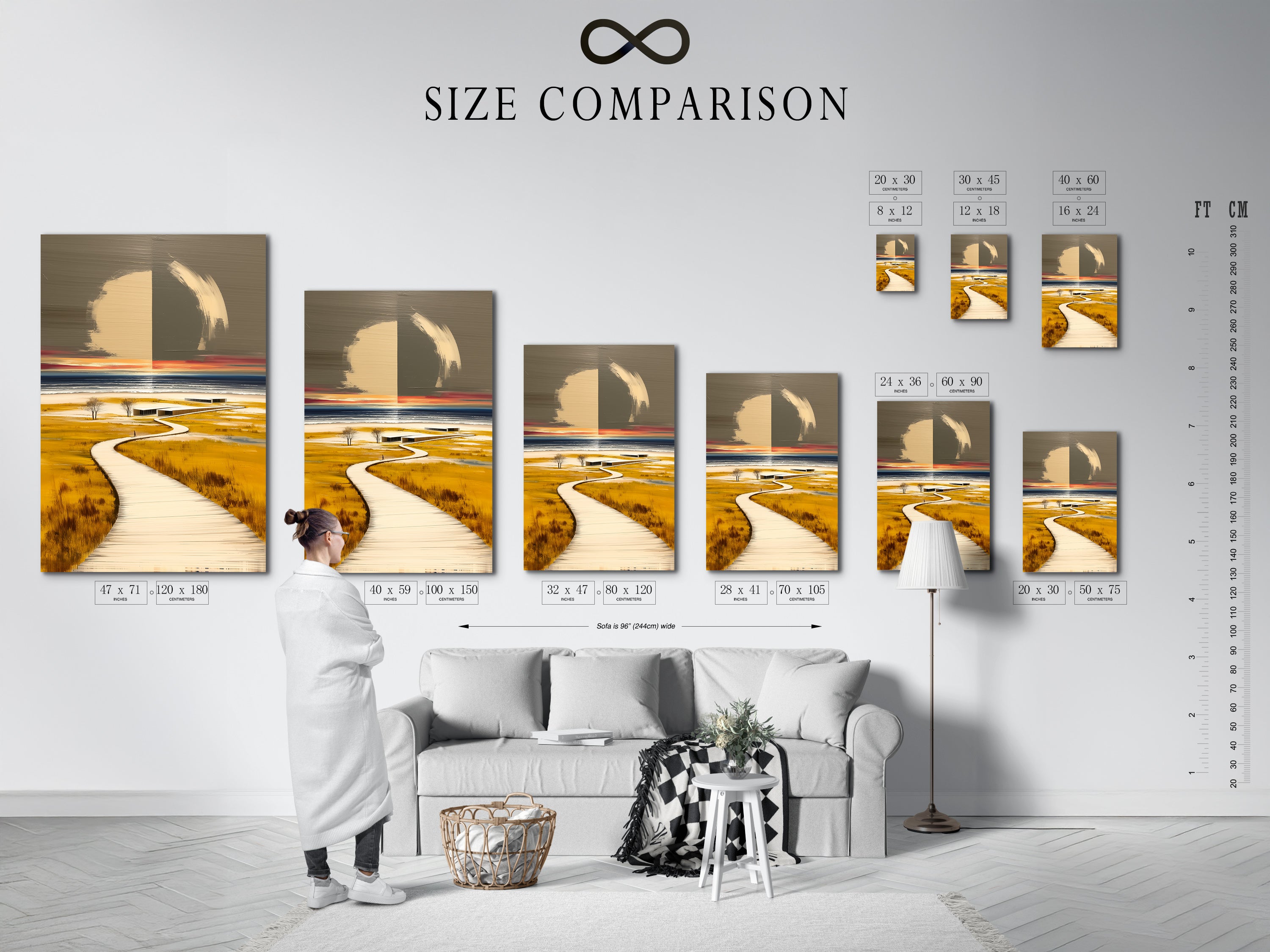 A size comparison chart is shown in an interior setting. This helps visualize how the coastal artwork will fit in different spaces. The boardwalk print is available in various sizes to suit any wall. Choose the perfect size for your living room bedroom or office.