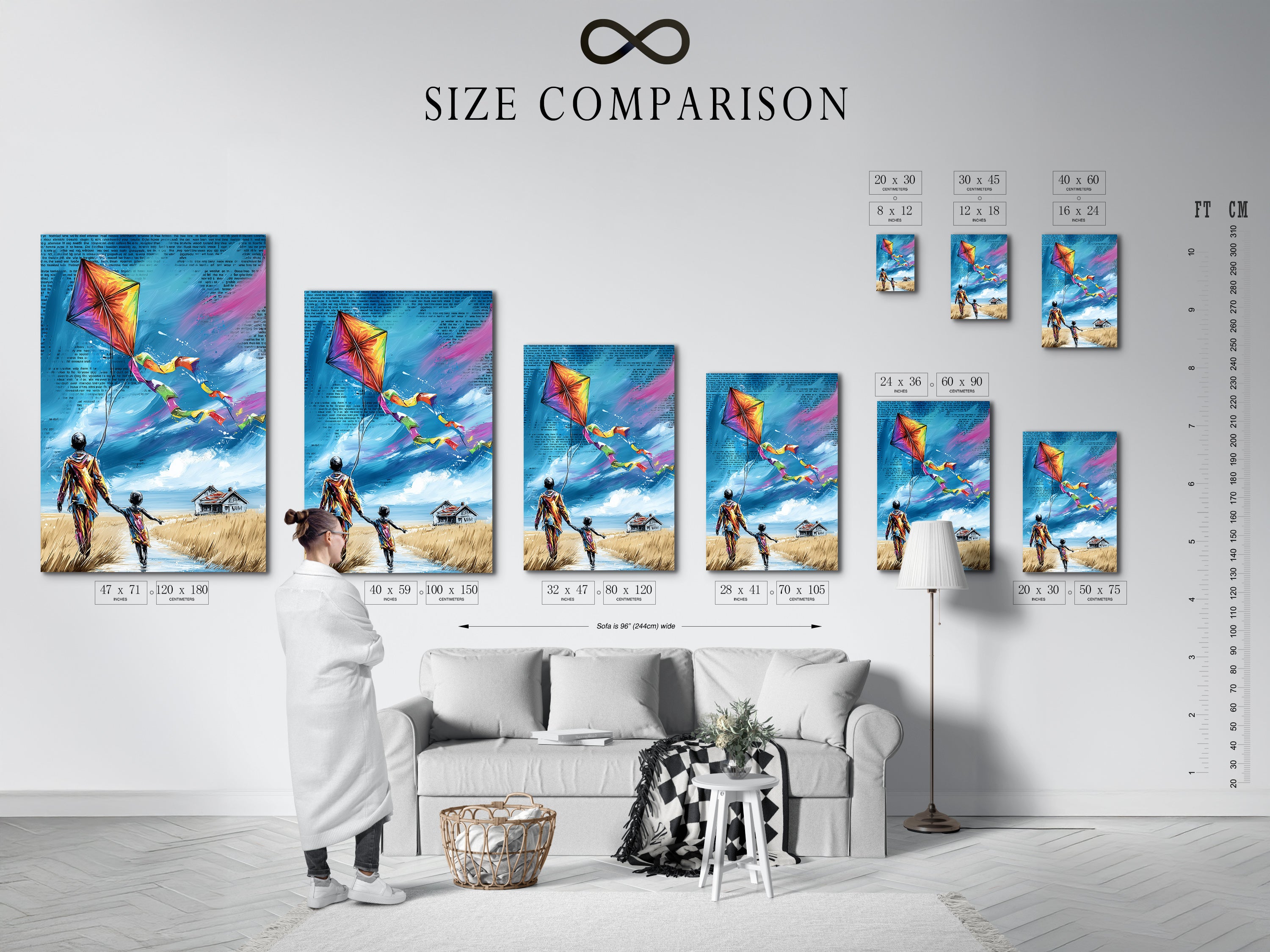 A size comparison chart is displayed in an interior setting. This chart helps visualize the artwork's dimensions in real spaces. Find the perfect size to complement your wall and decor. Choose from various sizes to create a stunning gallery wall or a focal point in your room.