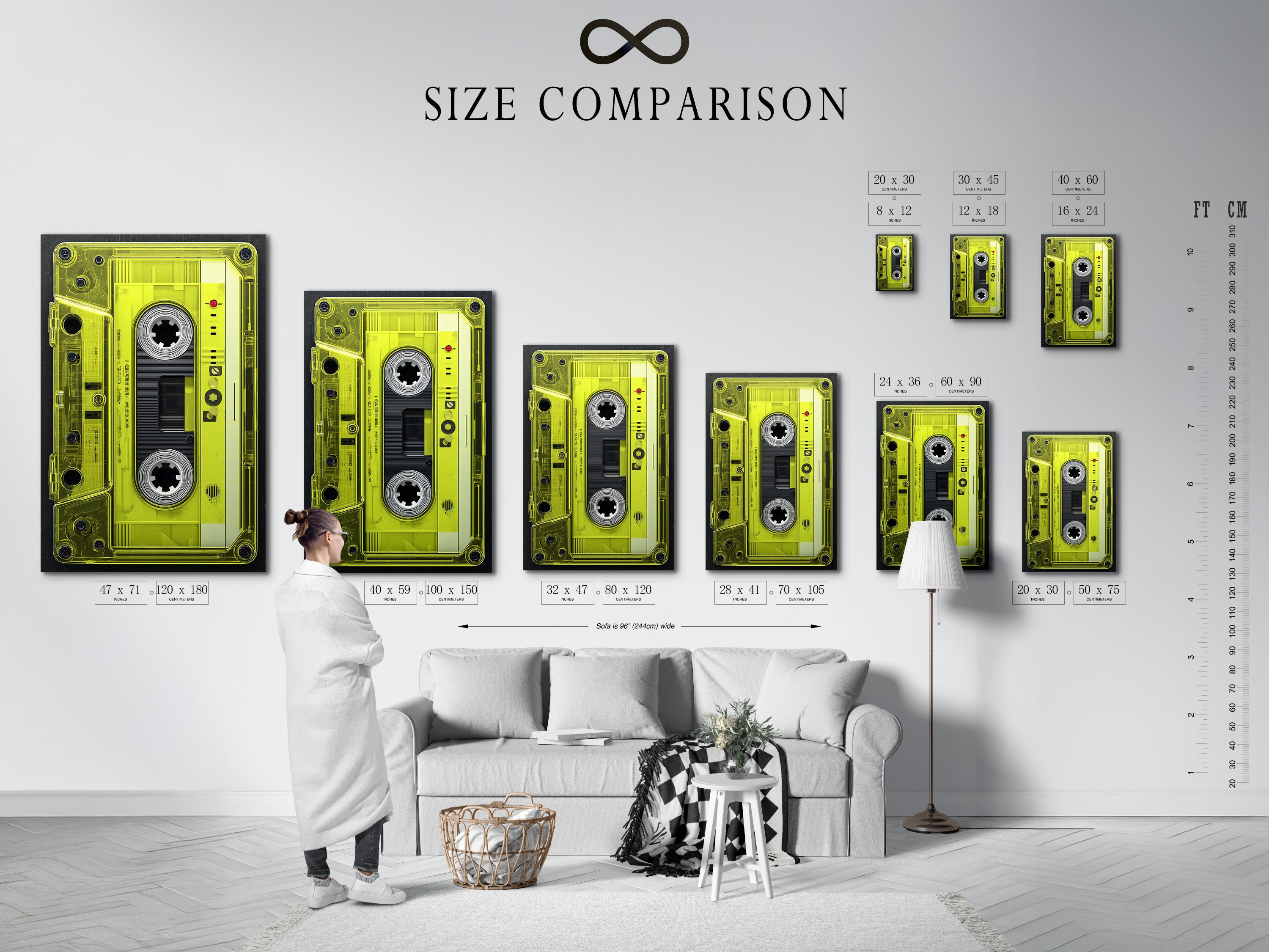 Size comparison chart in an interior setting showcases various sizes of the Vintage Cassette Tape artwork. This retro music art fits any space. The neon green art adds a pop of color. Find the perfect fit for your music room decor.