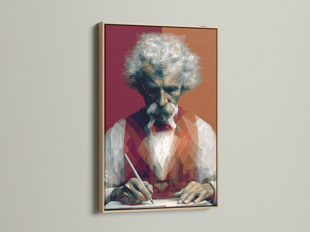 Mark Twain portrait art in an oak frame. The geometric writer wall art is displayed. It is a literary figure canvas print perfect for study room decor. The oak frame enhances the vintage feel of the artwork. It is ideal for office wall art.