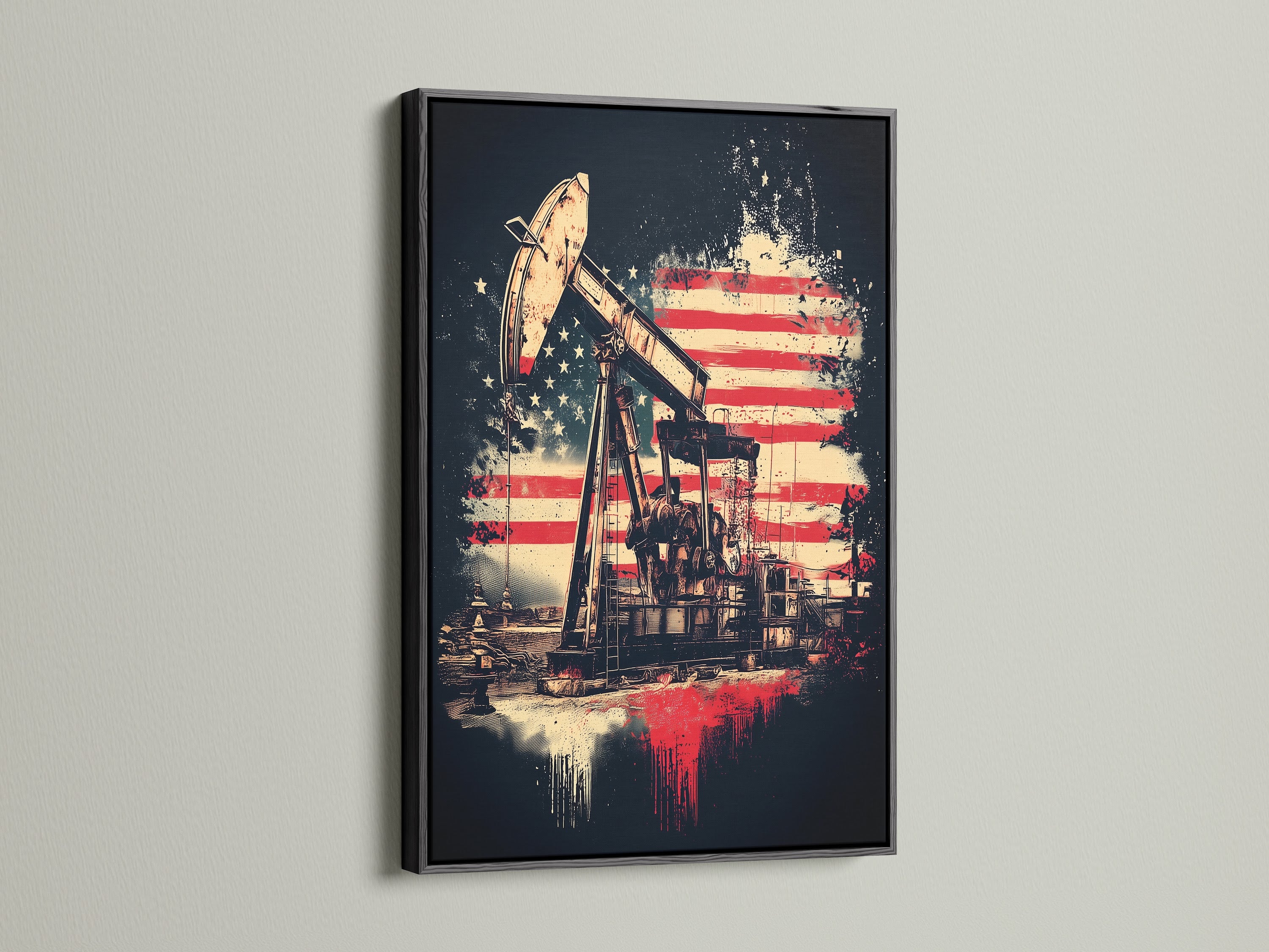 An Oil Rig Canvas Print with an American Flag backdrop is displayed in a black frame. This print offers a striking piece of Industrial Wall Art. It suits rustic vintage and Americana styles perfectly. Enhance your Office Wall Decor with this patriotic statement piece.