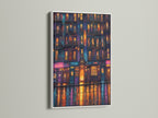 Cityscape at Night artwork with a white frame. This modern artwork brings an urban feel. The colorful city reflection adds a contemporary touch. Ideal for brightening your wall decor.