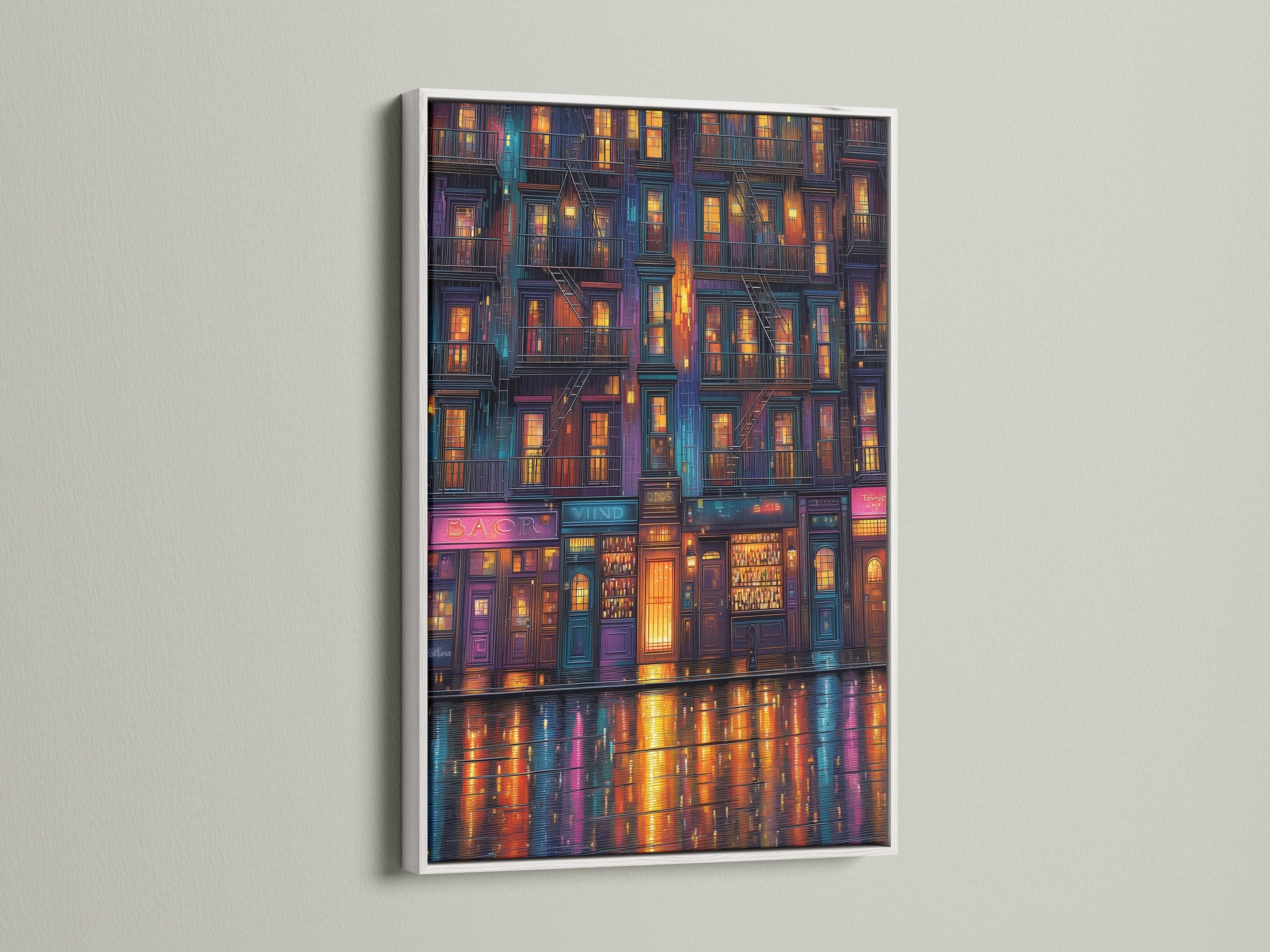 Cityscape at Night artwork with a white frame. This modern artwork brings an urban feel. The colorful city reflection adds a contemporary touch. Ideal for brightening your wall decor.