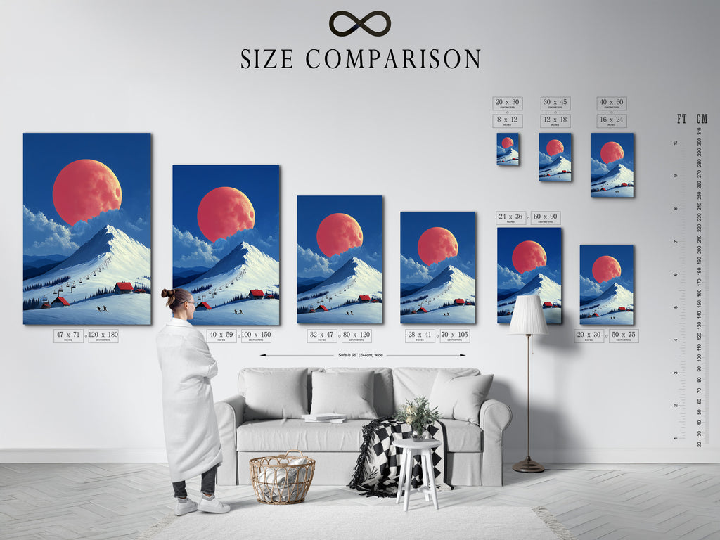 A size comparison chart is displayed in an interior setting. The chart shows the different sizes available for the artwork. Visualize the perfect fit for your space. Choose from stretched canvas fine art poster or floating frame. Plan your wall decor effectively.