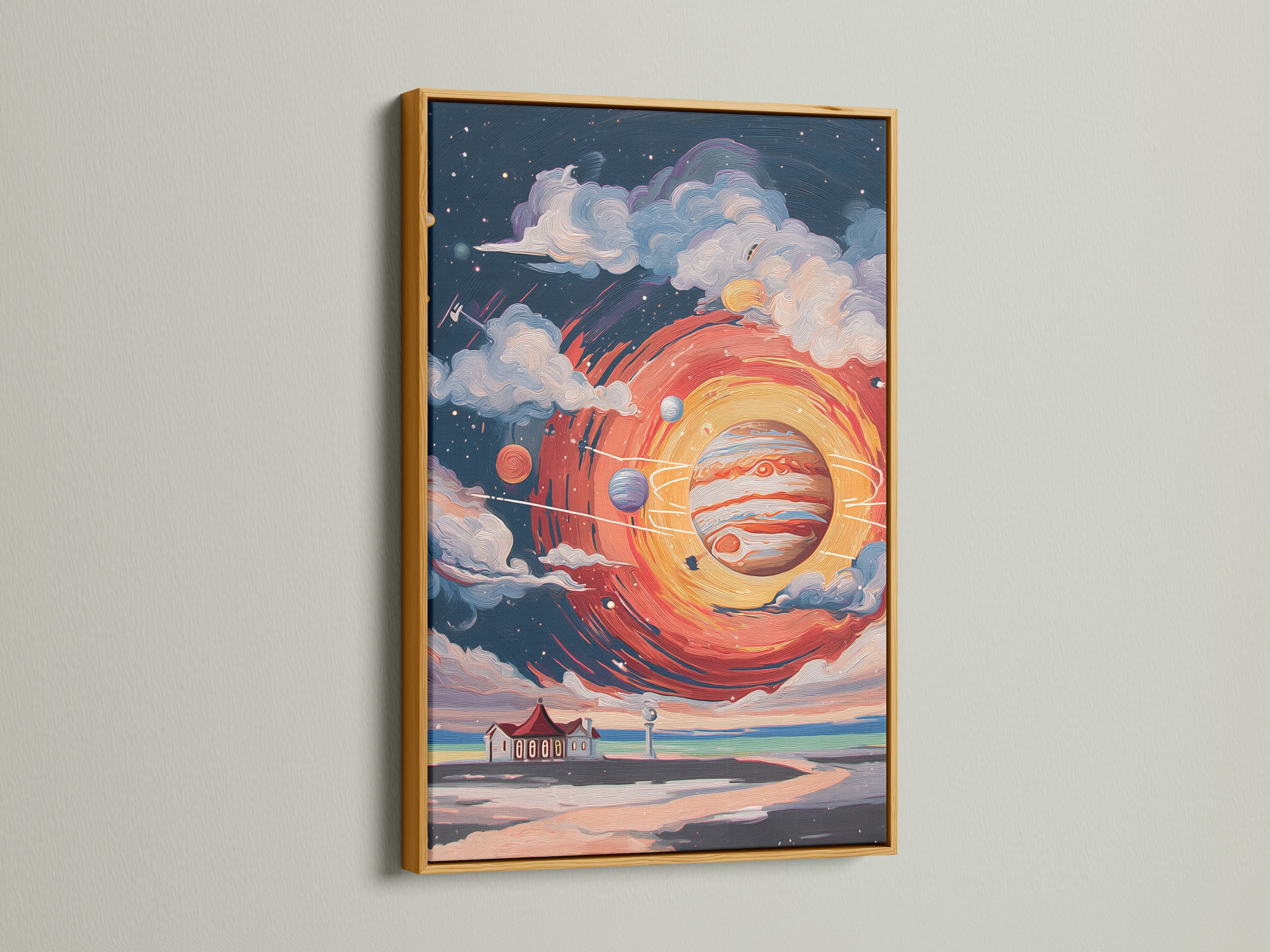 The space art canvas print is elegantly framed in gold. The cosmic lighthouse artwork exudes sophistication. This solar system poster is a stunning astronomy gift and a celestial art piece.