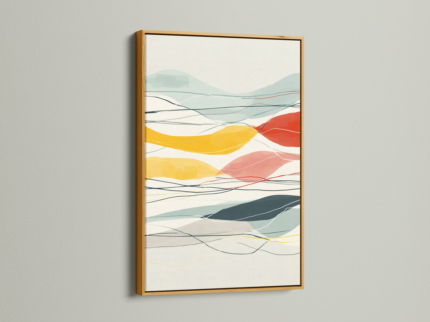 Abstract Mountain artwork in a gold frame. The artwork features a colorful landscape. This modern geometric art is perfect for office decor. It will enhance any living room or bedroom. This artwork will complement minimalist and Scandinavian aesthetics. It is great for boutiques.