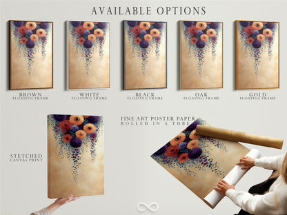 Explore available options for the Floral Cascade artwork. Choose from a stretched canvas print fine art poster paper or a floating frame. Customize your botanical wall decor to suit your style. Create a unique farmhouse or modern art display