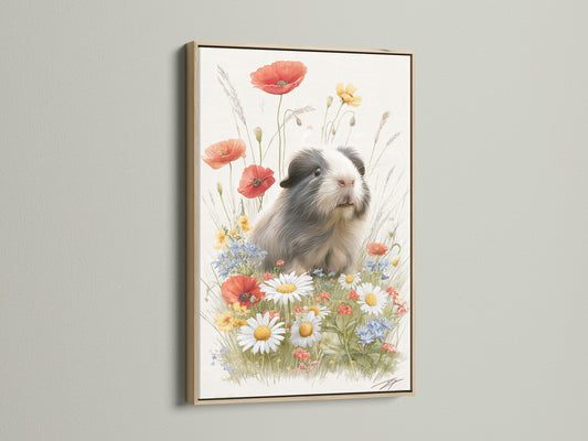 Framed artwork showcasing a delightful guinea pig in a floral setting. The piece is elegantly framed in oak. The oak frame enhances the artwork's warmth and natural appeal. It is perfect for adding a touch of rustic charm to any space.