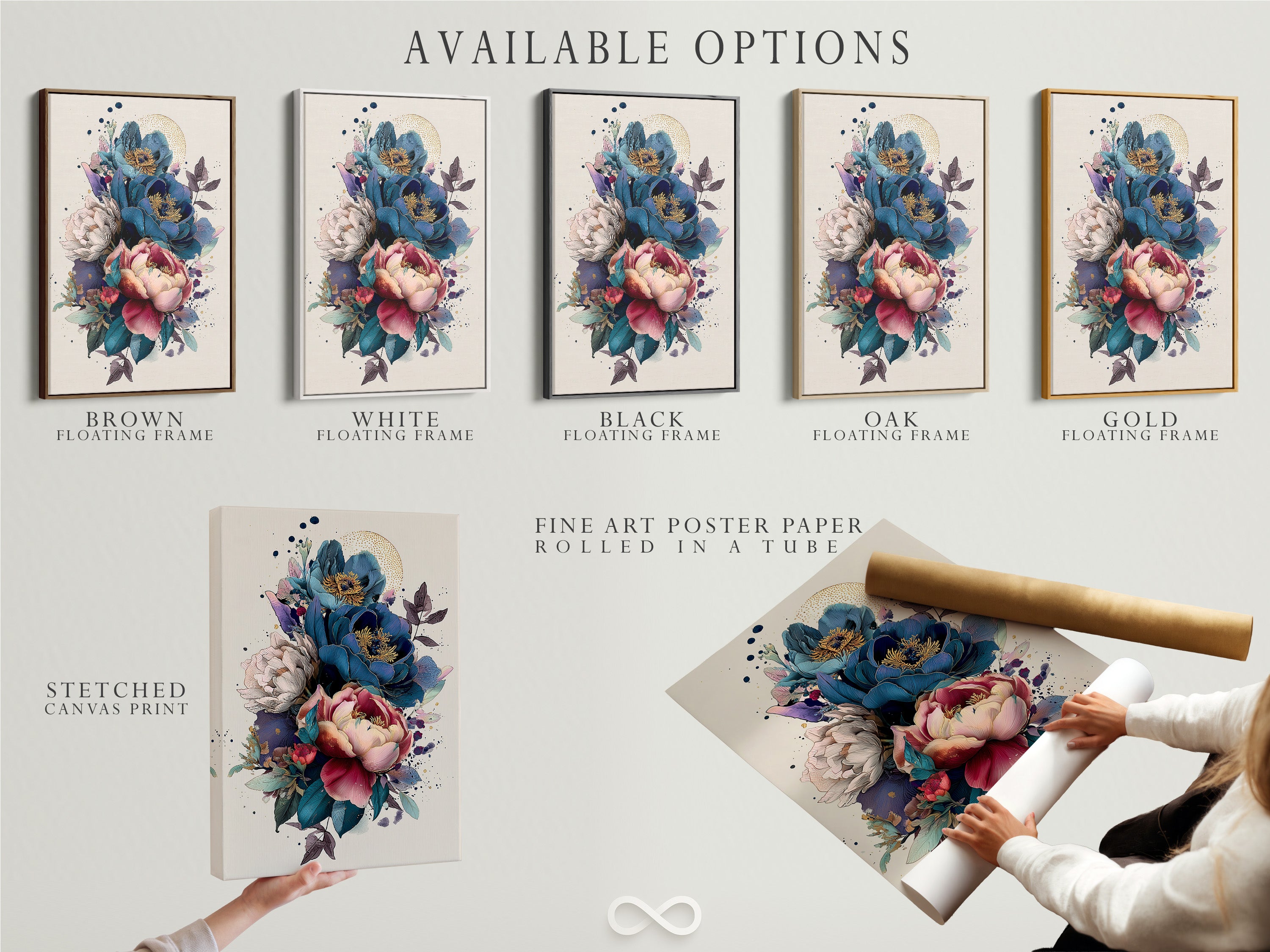 Vintage Floral Art Print - Blue Pink Peony Botanical Wall Art, Modern Home Decor, Living Room Bedroom Art, Nature Illustration