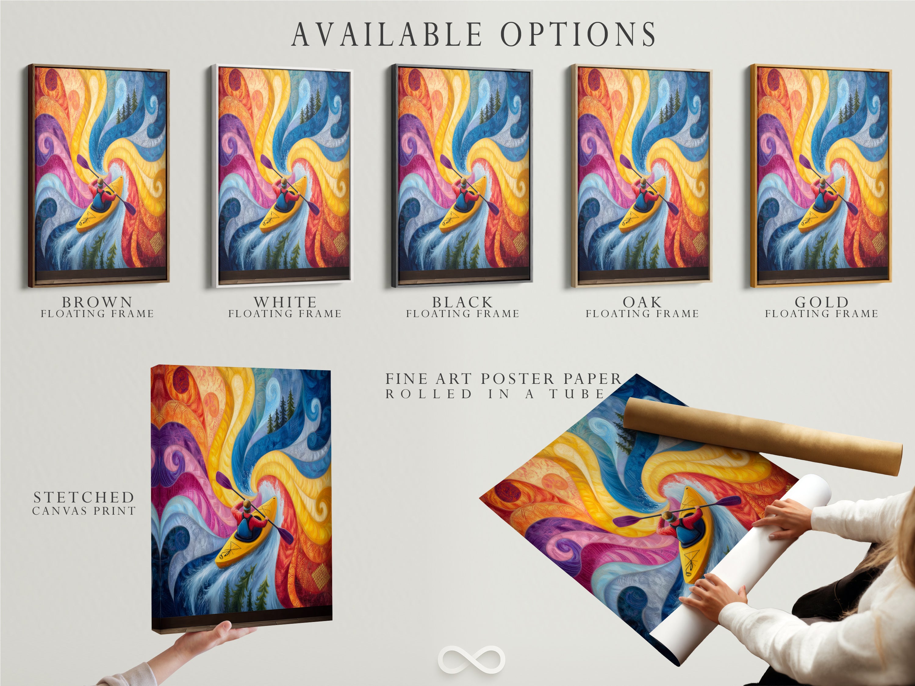 Available options for the kayaking abstract river artwork. Choose from a stretched canvas print fine art poster paper or a floating frame. Customize your artwork to perfectly match your personal style and decor preferences.