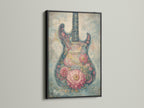 The black frame adds a bold and dramatic touch to the floral guitar art. The dark frame contrasts with the colorful artwork. It creates a focal point. Perfect for adding a touch of sophistication to your decor. It is a stylish statement piece.