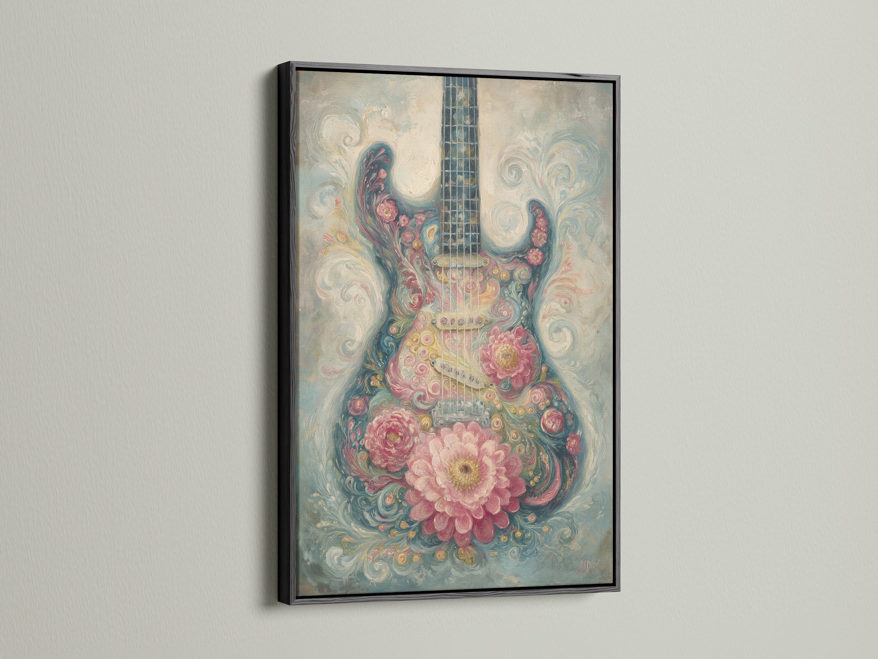 The black frame adds a bold and dramatic touch to the floral guitar art. The dark frame contrasts with the colorful artwork. It creates a focal point. Perfect for adding a touch of sophistication to your decor. It is a stylish statement piece.