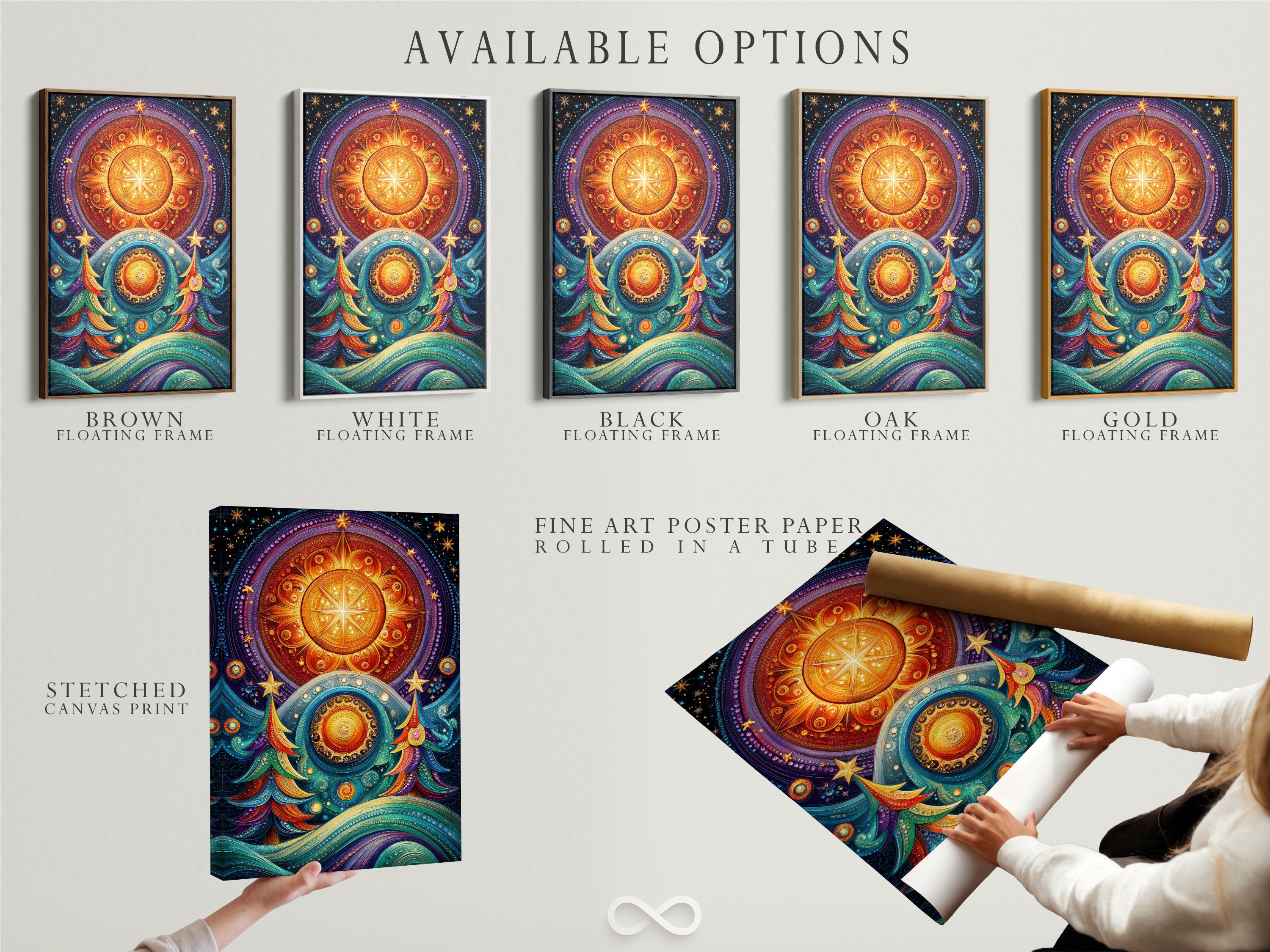 Available options for the Celestial Tree artwork: stretched canvas print fine art poster paper and floating frame. This boho mandala art features colorful starry night details. Perfect for meditation decor. Choose your vibrant bohemian decor option. Enhance your space today.
