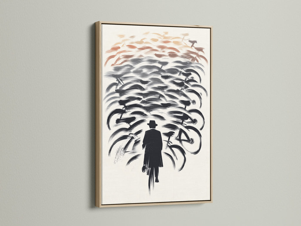 Elevate your space with this oak framed bicycle art. Showcasing a cyclist artwork this cycling print is a modern art statement. Perfect for office wall decor or a unique home art piece. This bikes wall art adds sophistication.