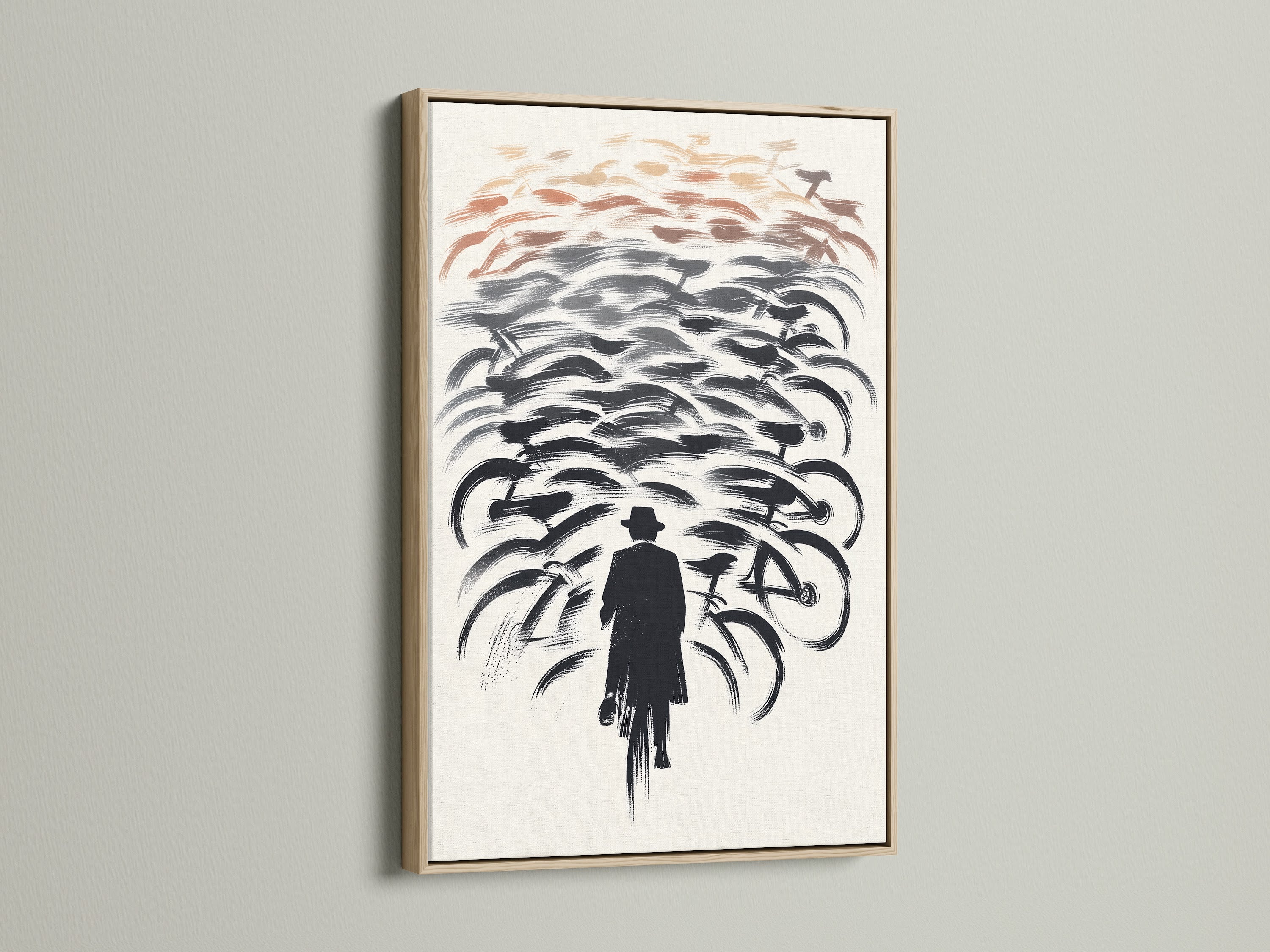 Elevate your space with this oak framed bicycle art. Showcasing a cyclist artwork this cycling print is a modern art statement. Perfect for office wall decor or a unique home art piece. This bikes wall art adds sophistication.