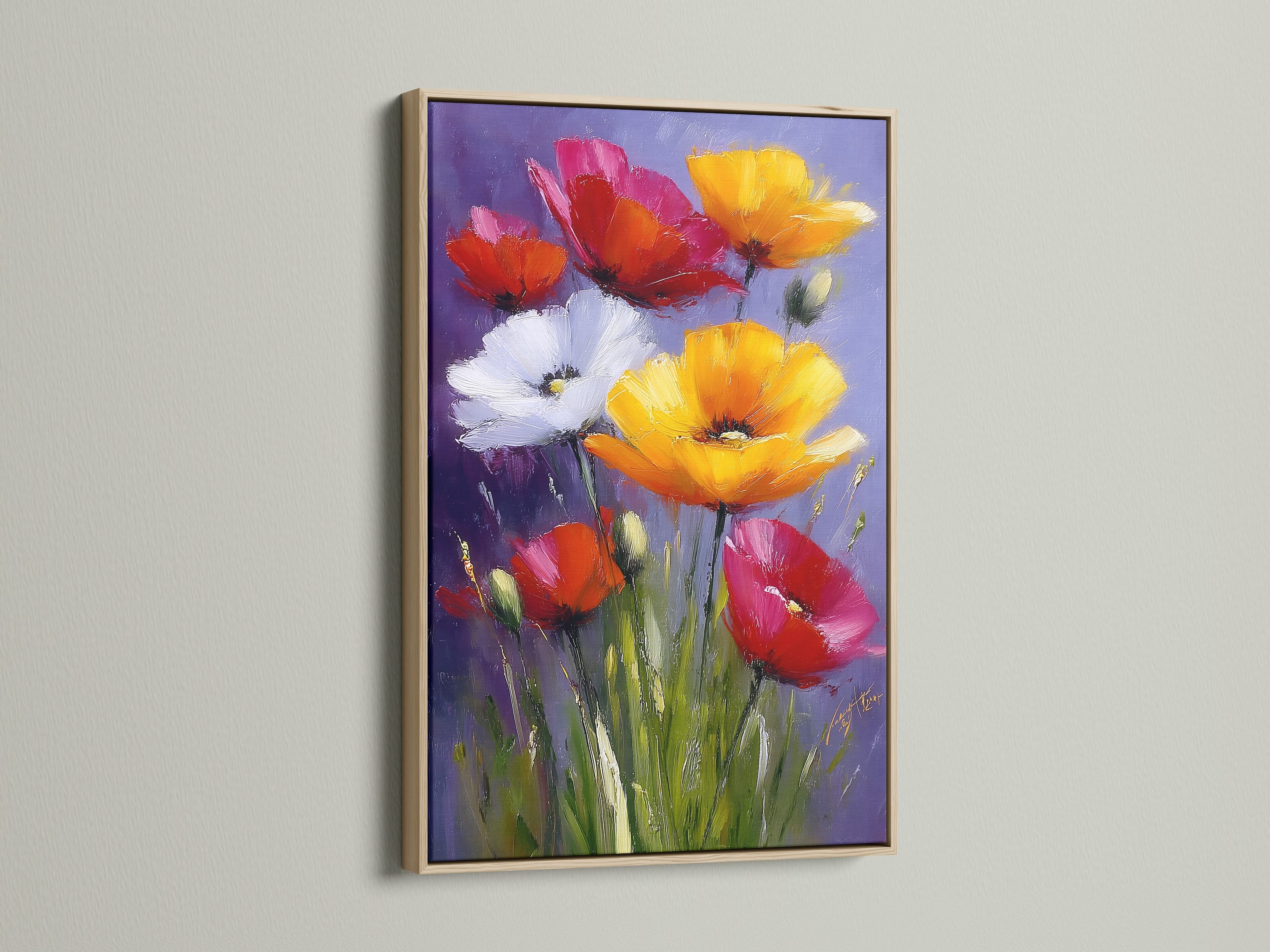 This oak frame displays a colorful flower art piece. The light wood complements the artwork. It brings warmth and nature indoors. See how an oak frame enhances your art. Shop now.