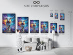 A size comparison chart is displayed in an interior setting. Visualize how the mystical cow artwork fits your space. The fantasy animal art enhances any room's decor. The wildflower field art complements various styles. Find the perfect size for your living room bedroom or office.