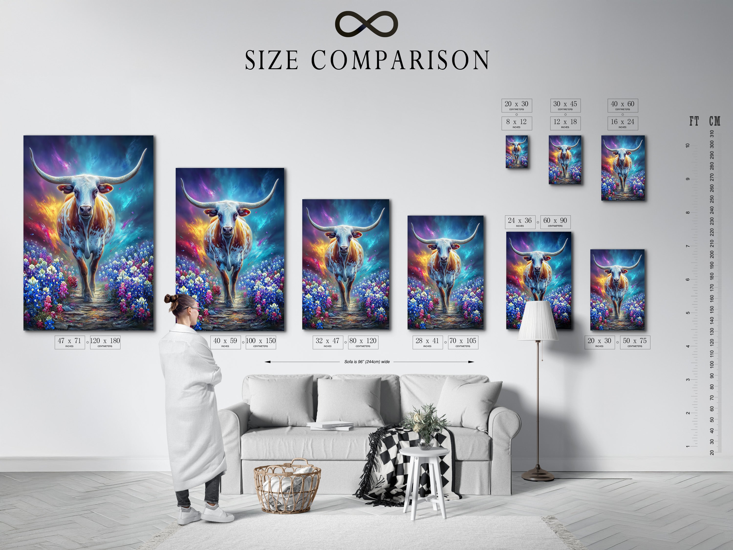 A size comparison chart is displayed in an interior setting. Visualize how the mystical cow artwork fits your space. The fantasy animal art enhances any room's decor. The wildflower field art complements various styles. Find the perfect size for your living room bedroom or office.