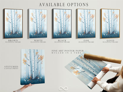 Available options include stretched canvas print fine art poster paper and floating frame. Choose the perfect format for your birch tree artwork. Customize your Scandinavian style nature poster today.
