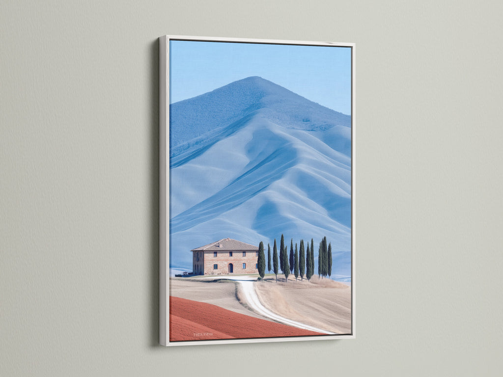 Tuscany landscape art presented in a white frame. This artwork enhances any space with Italian decor. A farmhouse print brings countryside charm to your walls. Neutral tones complement rustic home styles. This scenic wall art captures Tuscany's beauty.