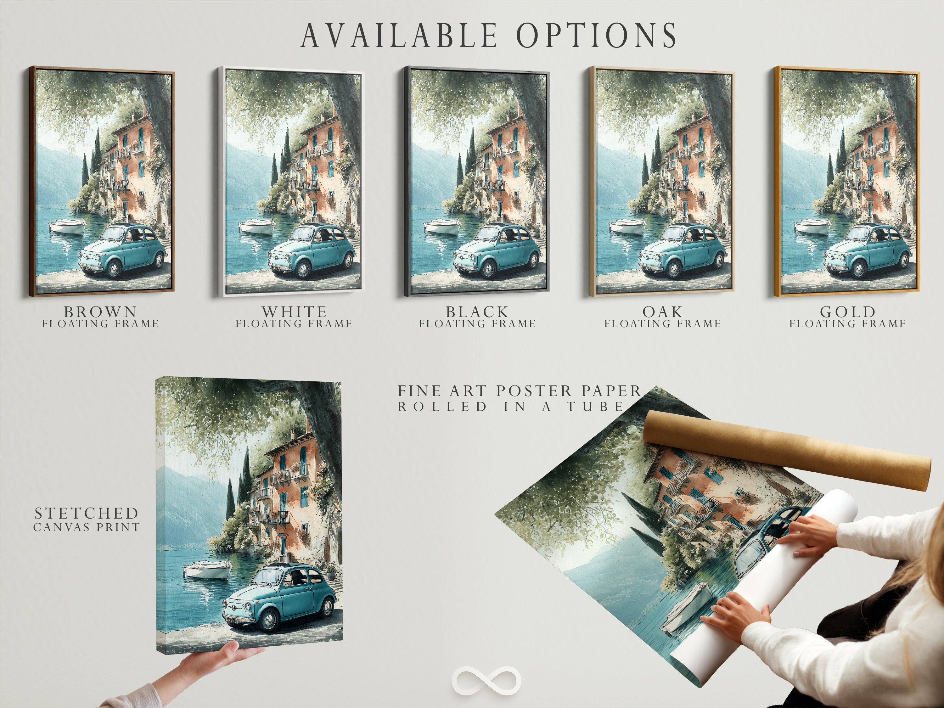 Stampa artistica vintage della costa italiana - Scena di lago mediterraneo, decorazione murale di auto d'epoca, poster di viaggio retrò, arte di un villaggio europeo