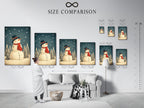 A size comparison chart is displayed in an interior setting. The chart shows available sizes for snowman wall art. Choose the perfect size for your holiday wall decor. Available in various dimensions.