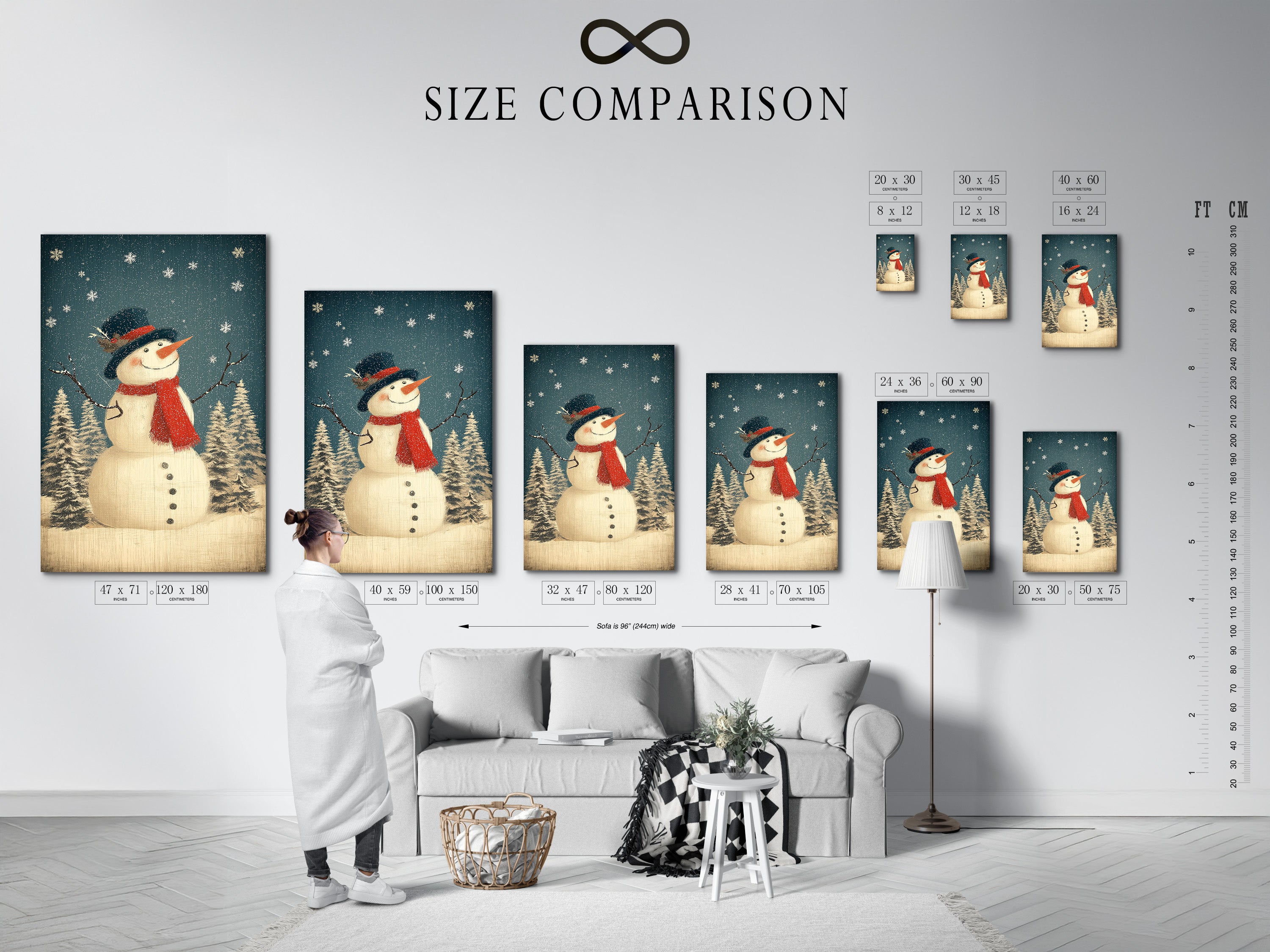 A size comparison chart is displayed in an interior setting. The chart shows available sizes for snowman wall art. Choose the perfect size for your holiday wall decor. Available in various dimensions.