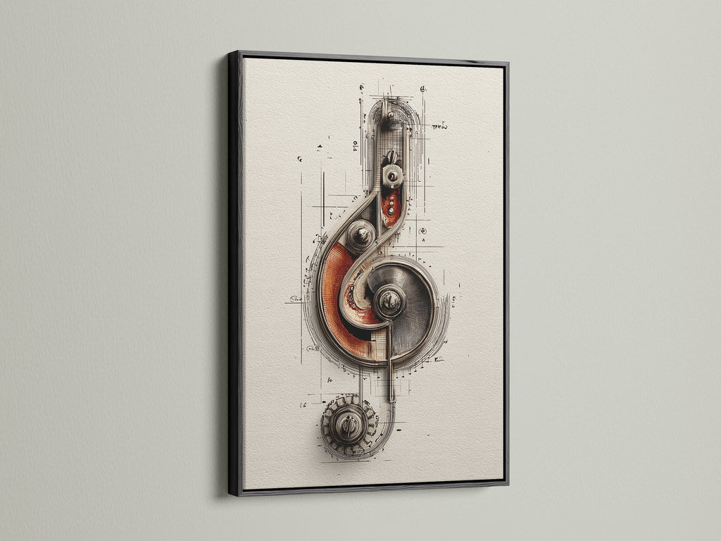 The steampunk music note artwork is displayed in a black frame. The mechanical treble clef wall art combines vintage drawing with industrial style. This beige artwork complements music room decor. It is suitable for living spaces too.