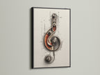 The steampunk music note artwork is displayed in a black frame. The mechanical treble clef wall art combines vintage drawing with industrial style. This beige artwork complements music room decor. It is suitable for living spaces too.