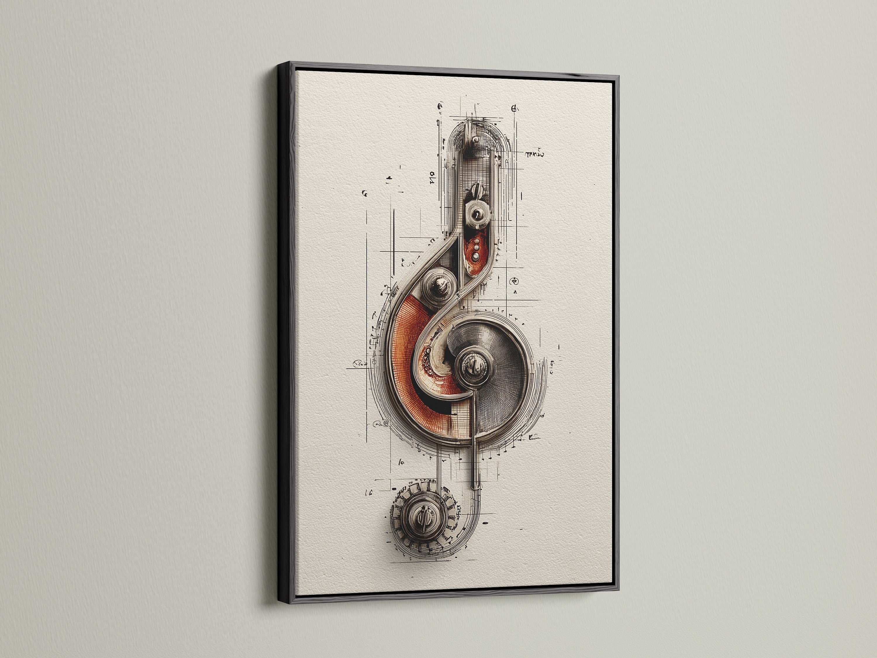 The steampunk music note artwork is displayed in a black frame. The mechanical treble clef wall art combines vintage drawing with industrial style. This beige artwork complements music room decor. It is suitable for living spaces too.