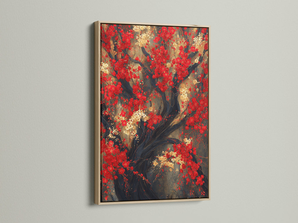 A stunning Red Blossoms Canvas Print is framed in oak. This Japanese cherry tree wall art brings Asian botanical elegance to any room. The red floral canvas features gold accents. It is perfect for dining room decor or adding oriental decor to your home. Enhance your space with this beautiful tree artwork.