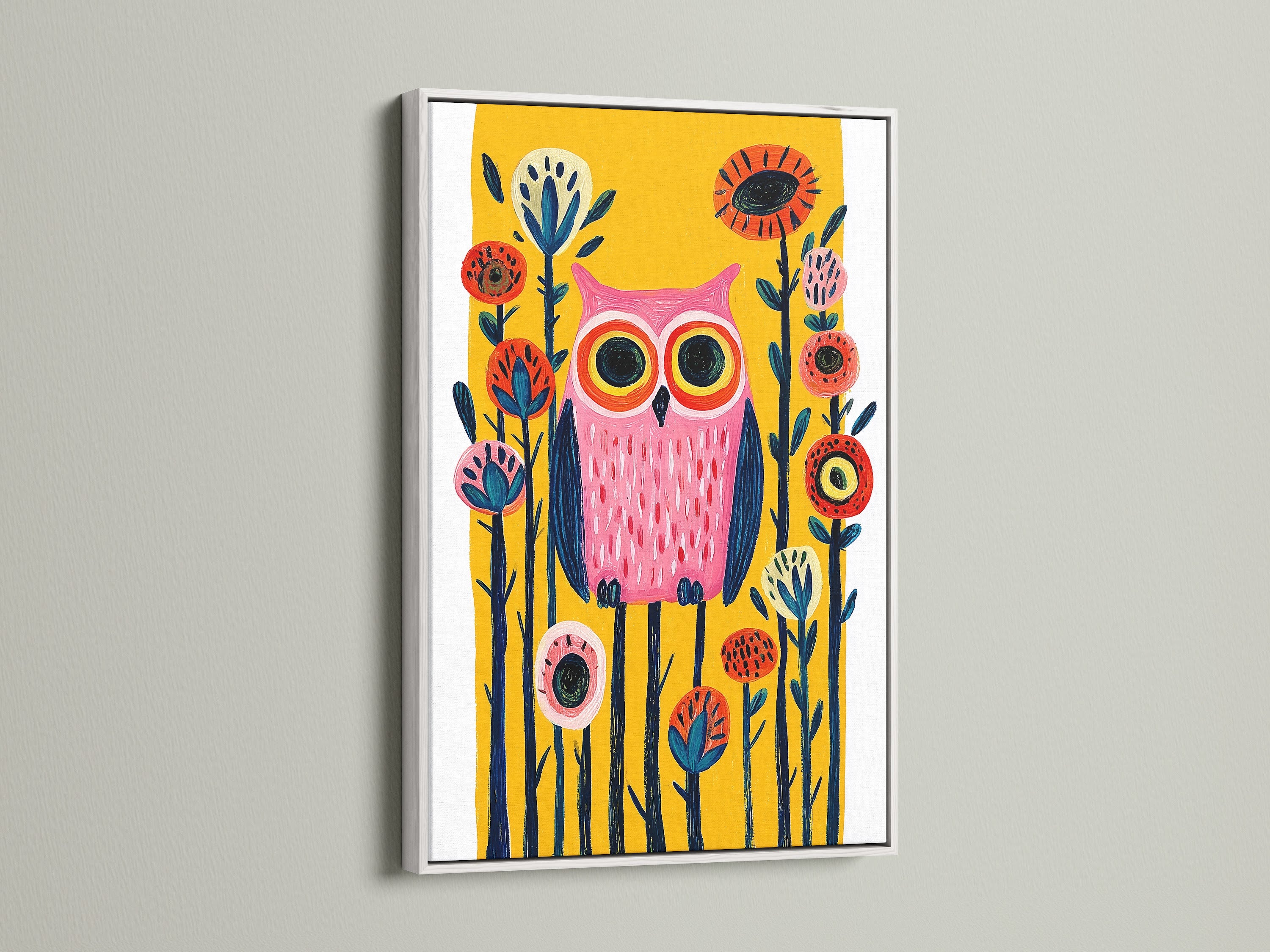 Colorful Owl Wall Art in a White Frame. A whimsical bird artwork to brighten up any space. Great owl nursery decor. The folk art canvas print is perfect for a kids bedroom. This colorful bird art suits contemporary styles. It's a delightful addition to any living area playroom or creative space.