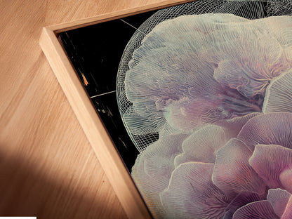 A close-up angled view shows a canvas print in a floating frame. The artwork displays a surreal landscape. It features an ethereal tree and a solitary figure. The floating frame adds a modern touch to this dreamy fantasy wall art. Perfect for creating a tranquil zen atmosphere.