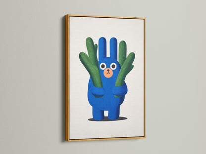 A vibrant cactus artwork print is showcased in a luxurious gold frame. This blue green nursery wall art adds a touch of elegance to a kids room. The whimsical plant canvas creates a playful atmosphere. It is an excellent choice for children wall art.