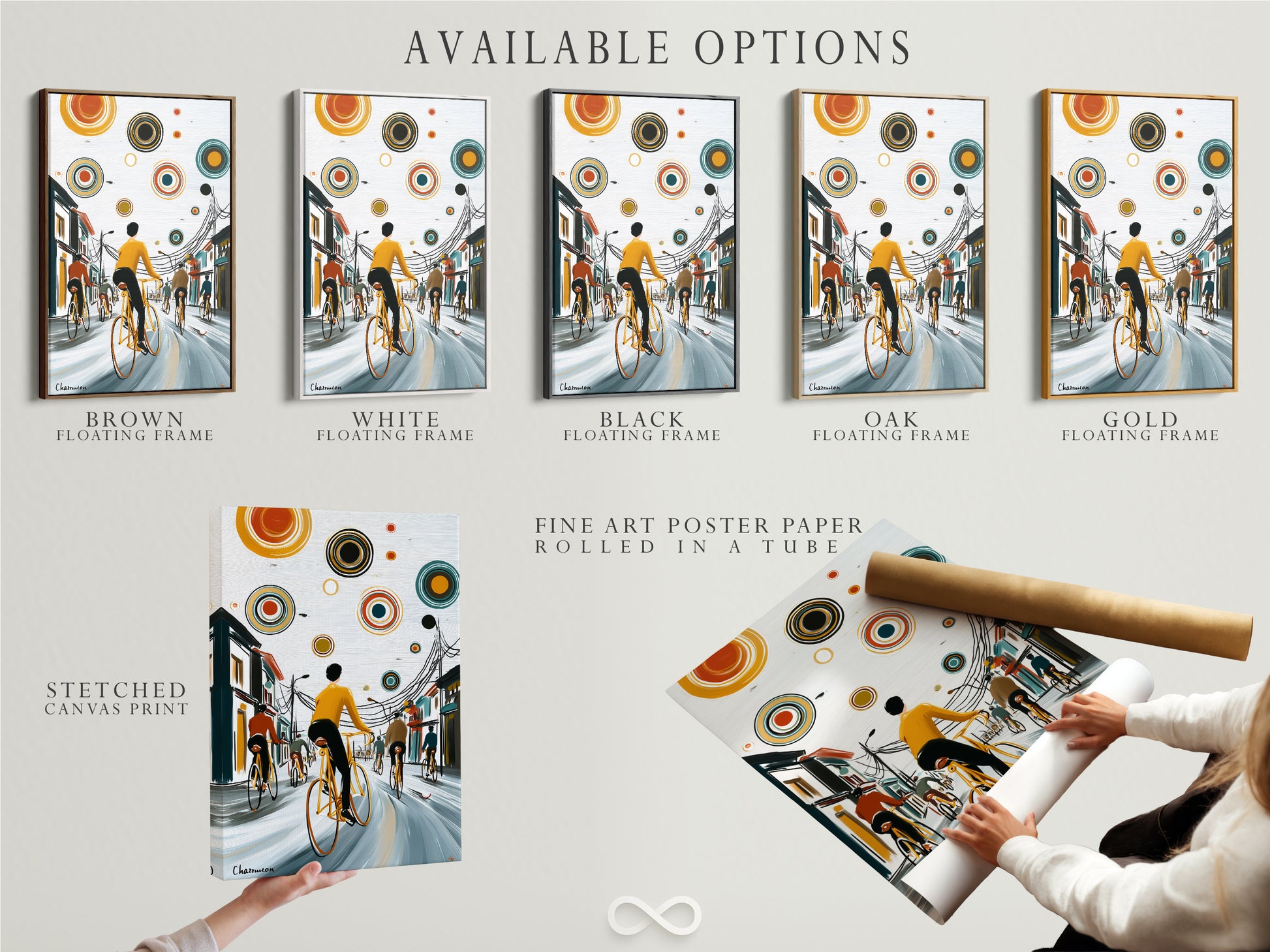 Available options for the City Cyclists artwork are displayed. Choose from a stretched canvas print. You can also get a fine art poster paper. Consider a floating frame to complete the look. Find the perfect option for your style.