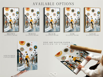 Available options for the City Cyclists artwork are displayed. Choose from a stretched canvas print. You can also get a fine art poster paper. Consider a floating frame to complete the look. Find the perfect option for your style.