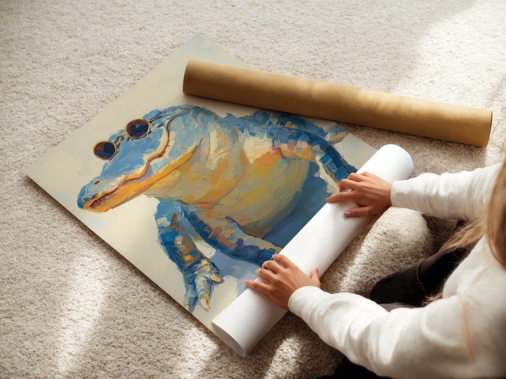 A woman rolling a fine art poster paper. It is a cool alligator artwork. This whimsical animal wall art is a quirky wildlife poster. Perfect addition to kids room and nursery decor.