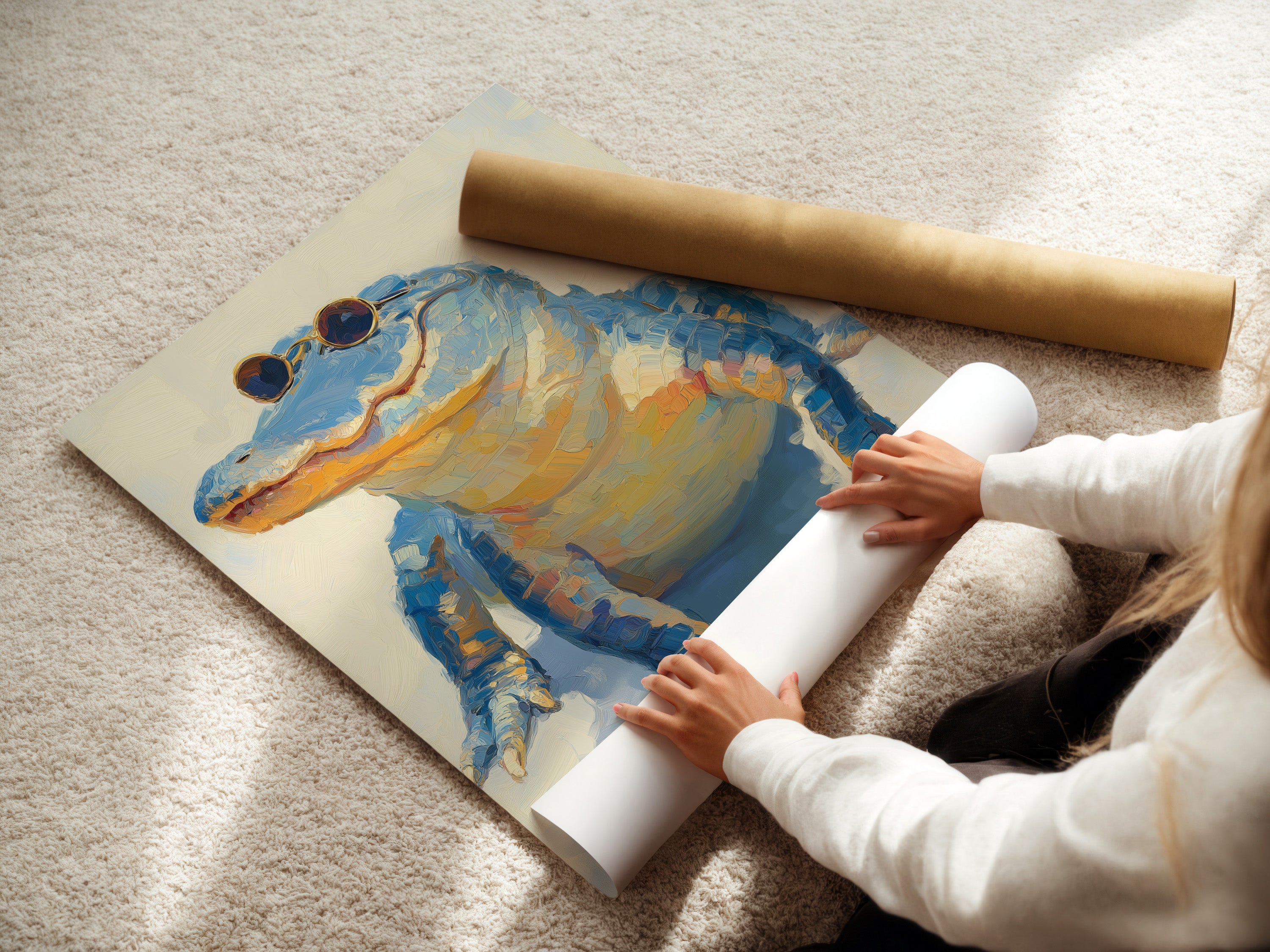 A woman rolling a fine art poster paper. It is a cool alligator artwork. This whimsical animal wall art is a quirky wildlife poster. Perfect addition to kids room and nursery decor.