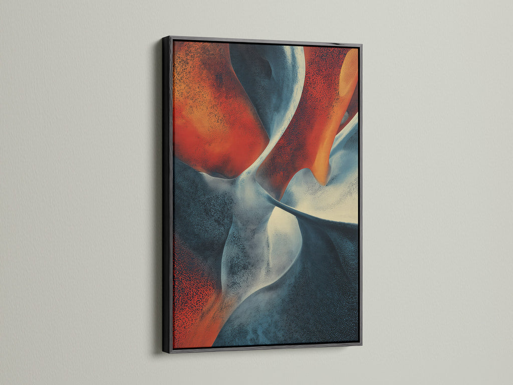 A framed art print with a black frame is displayed. The artwork has abstract shapes in red white and blue. The black frame adds a touch of sophistication. This framed artwork is perfect for creating a focal point. Elevate your home decor with this stylish art piece. Shop now for black framed art.