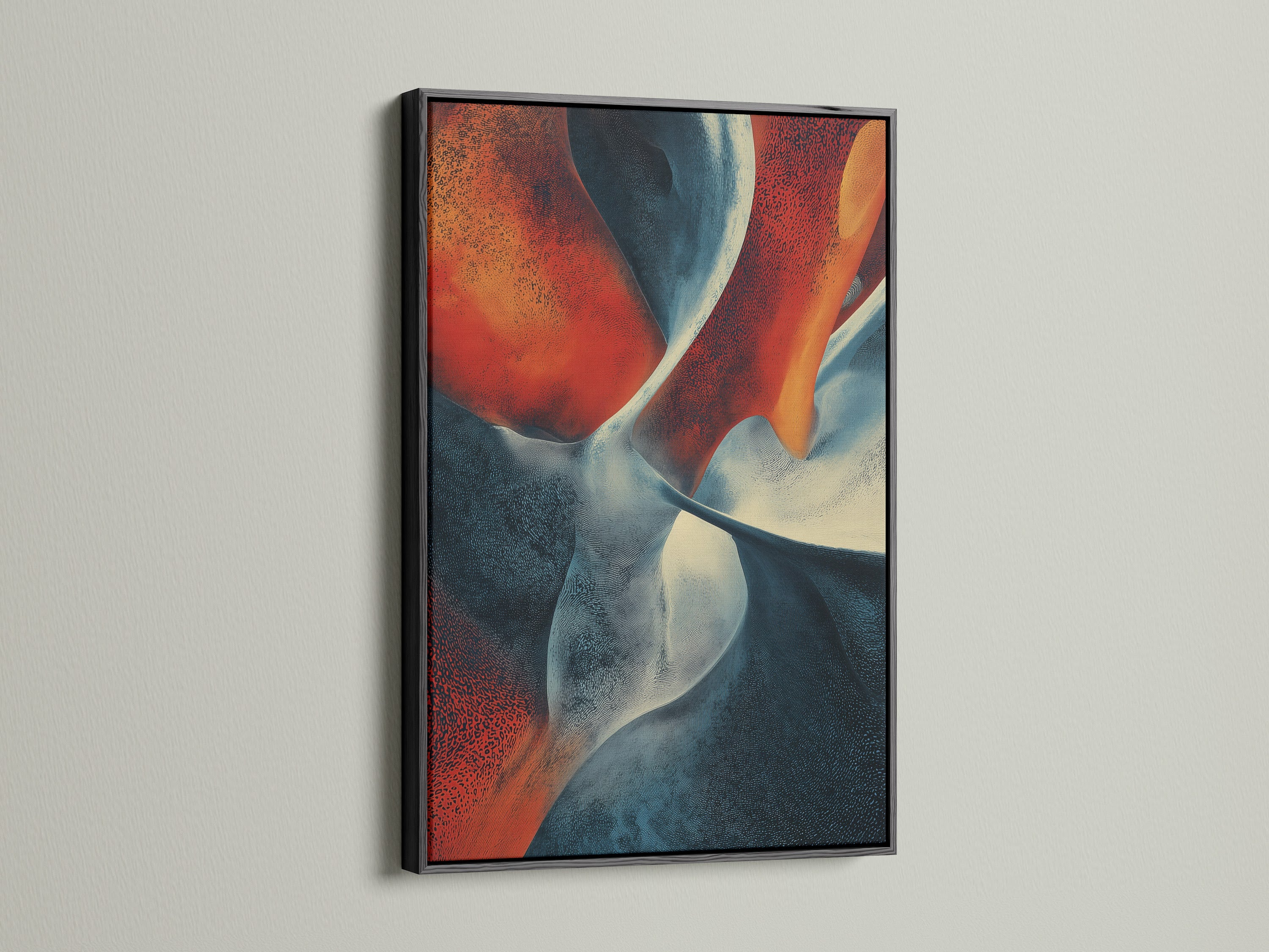 A framed art print with a black frame is displayed. The artwork has abstract shapes in red white and blue. The black frame adds a touch of sophistication. This framed artwork is perfect for creating a focal point. Elevate your home decor with this stylish art piece. Shop now for black framed art.
