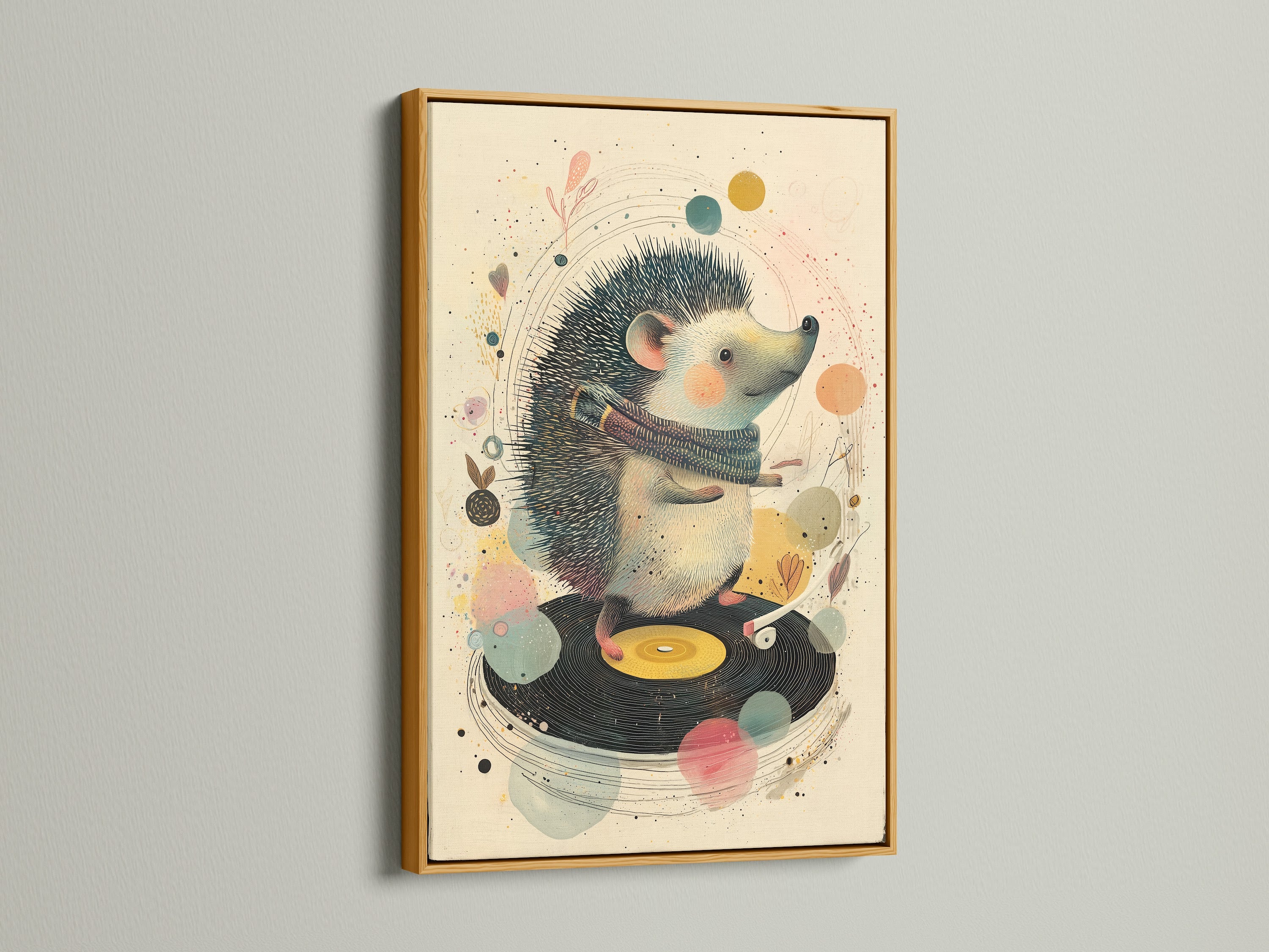 A gold frame enhances a delightful artwork. It features a hedgehog DJing on a record player. The gold frame brings a touch of glamour. Explore gold frames for your favorite artwork. Transform your space with framed art.