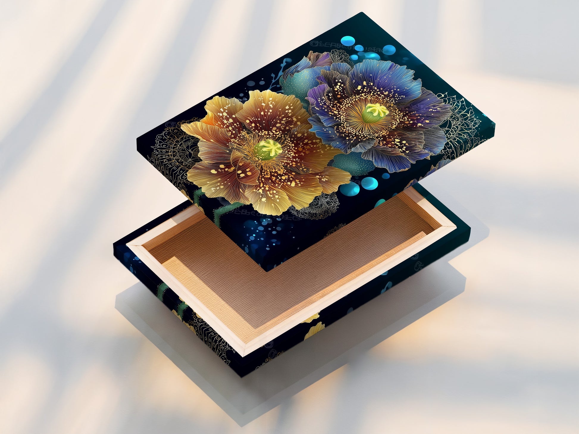 A beautifully stretched canvas print featuring teal and gold botanical artwork. Modern flower artwork perfect for any room. Transform your space with this stunning floral art. Shop now for bedroom art!