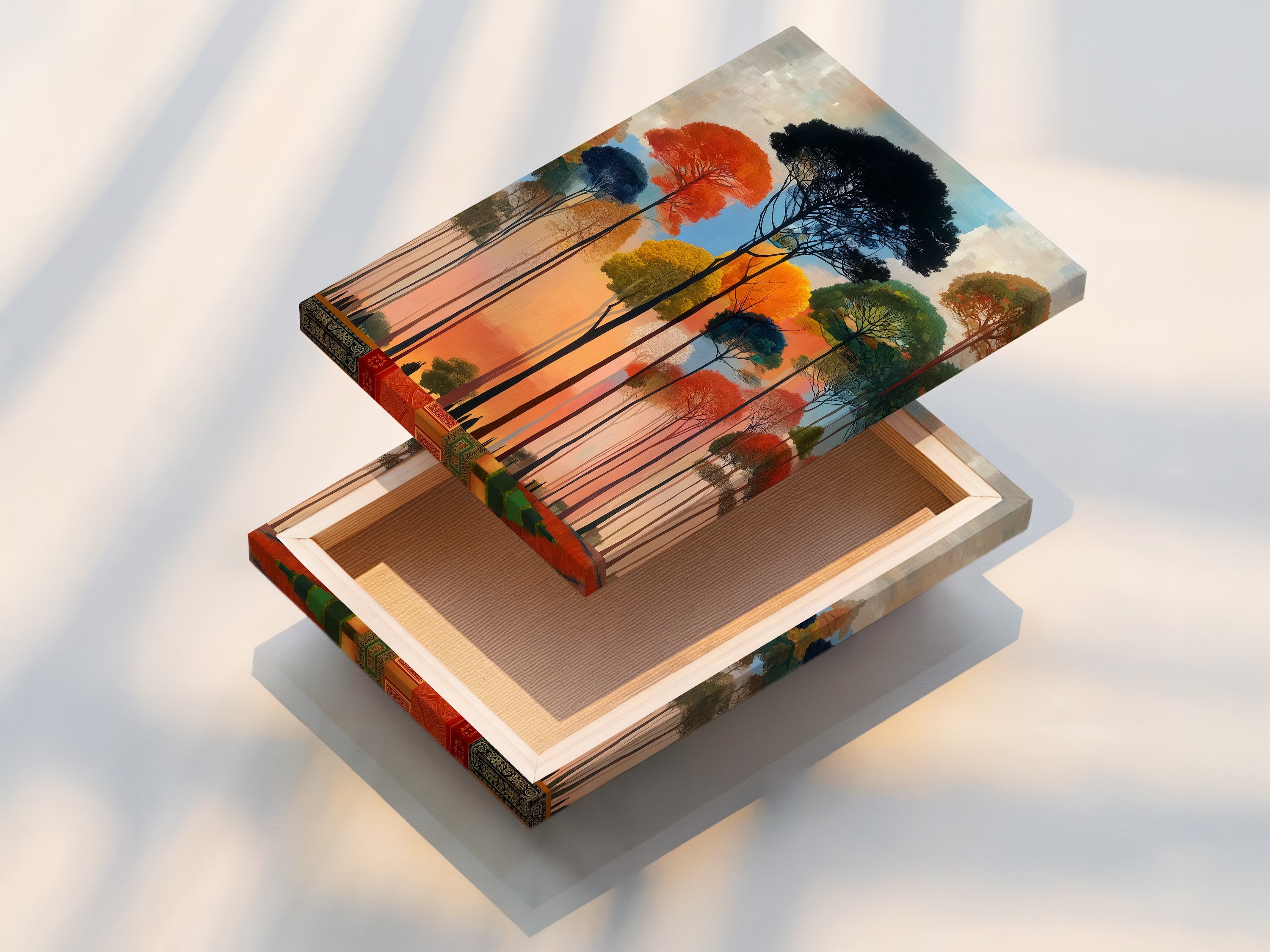 A stretched canvas print displays the Abstract Forest artwork. The vibrant colors and modern artwork make a statement. Perfect for adding a touch of nature to your walls. This stretched canvas is ready to hang. A contemporary landscape print.