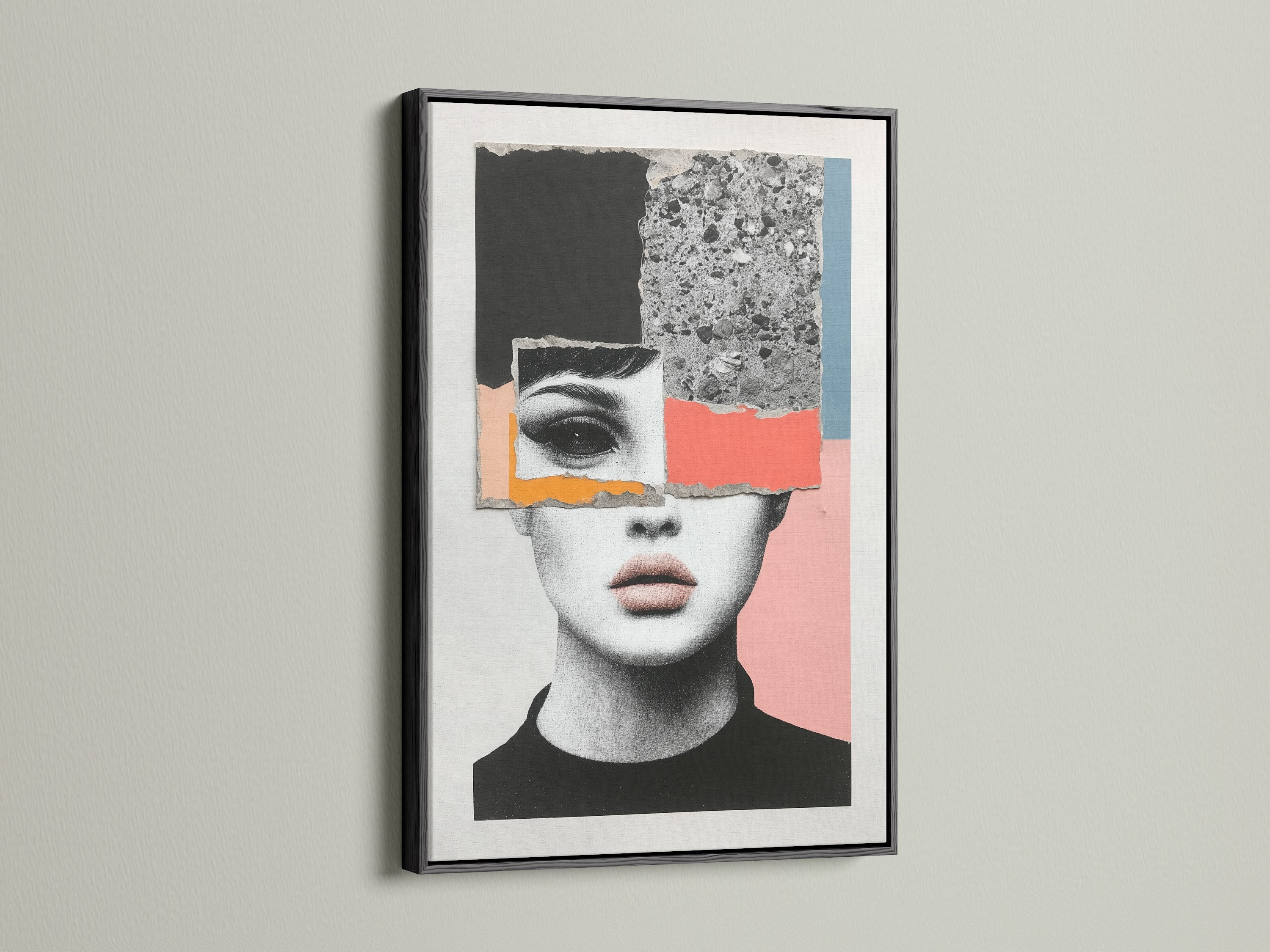 Black framed artwork showcasing an abstract face. The modern collage wall art offers a striking contemporary look. Elevate your bedroom decor with this portrait. It is great for living rooms bedrooms offices studios lobbies clinics boutiques and salons.