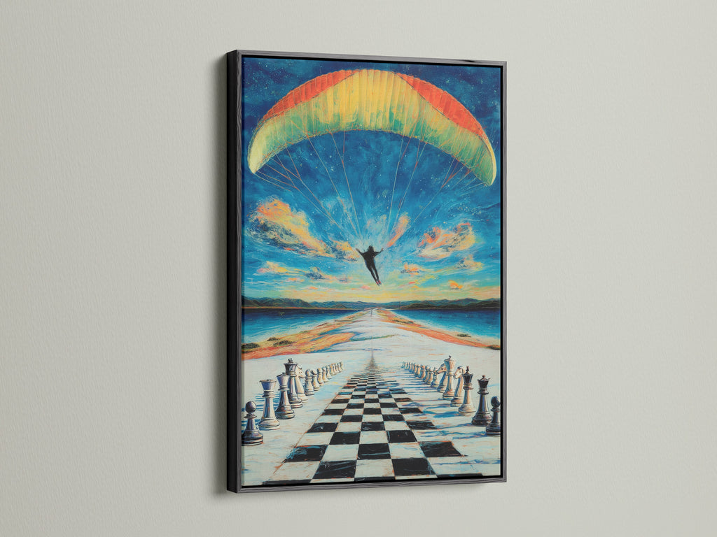 The chess skydiving canvas print is elegantly framed in black. The dark frame highlights the vibrant colors and surreal elements of the artwork. It's a stylish choice for modern wall decor in any room or creative space.