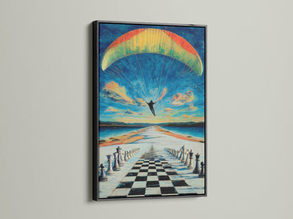 The chess skydiving canvas print is elegantly framed in black. The dark frame highlights the vibrant colors and surreal elements of the artwork. It's a stylish choice for modern wall decor in any room or creative space.