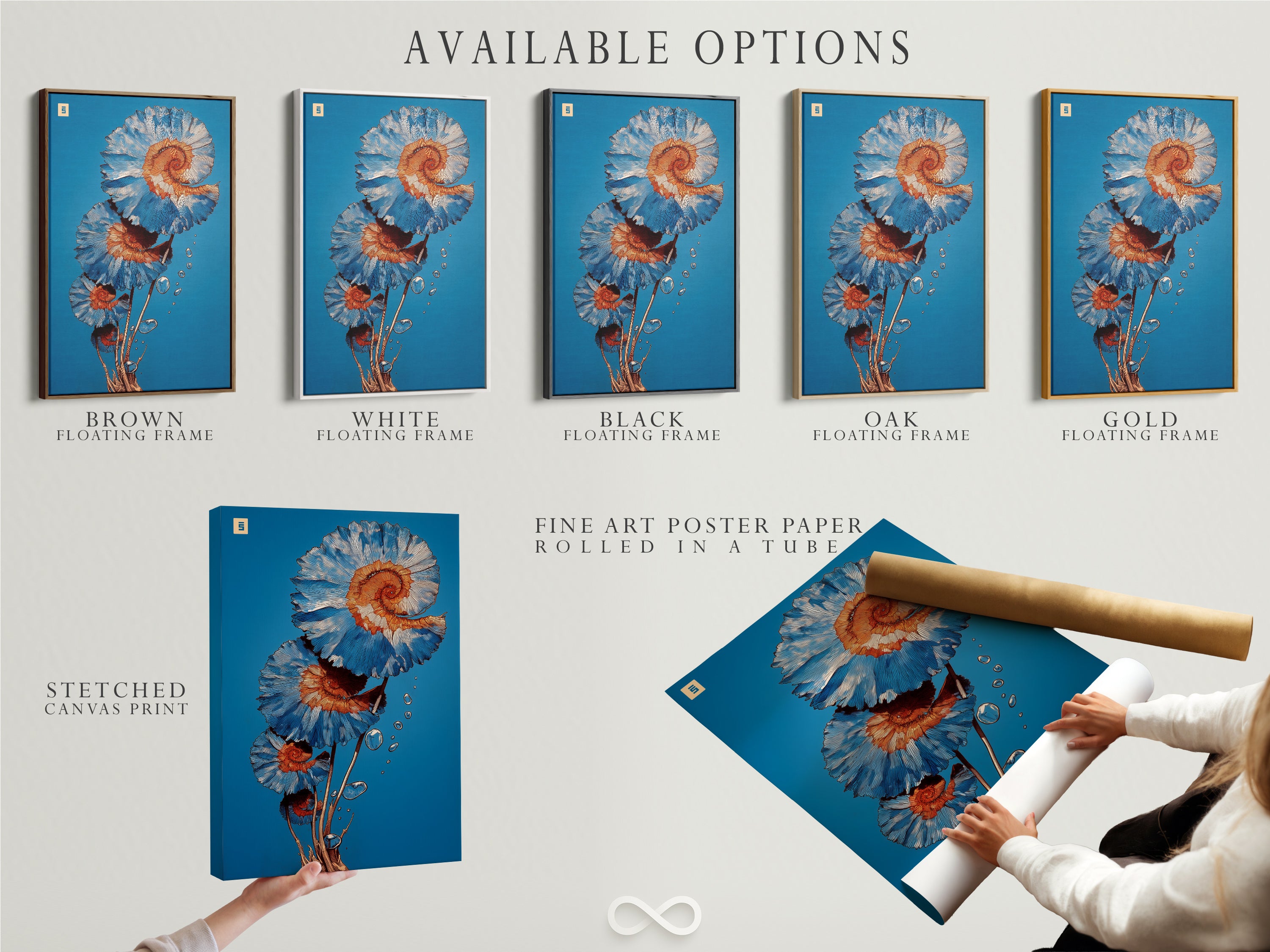 Available options for the spiral flower artwork are displayed. Options include stretched canvas prints. Also available are fine art poster paper and floating frames. The teal and coral botanical wall art is modern. Select your preferred style today.